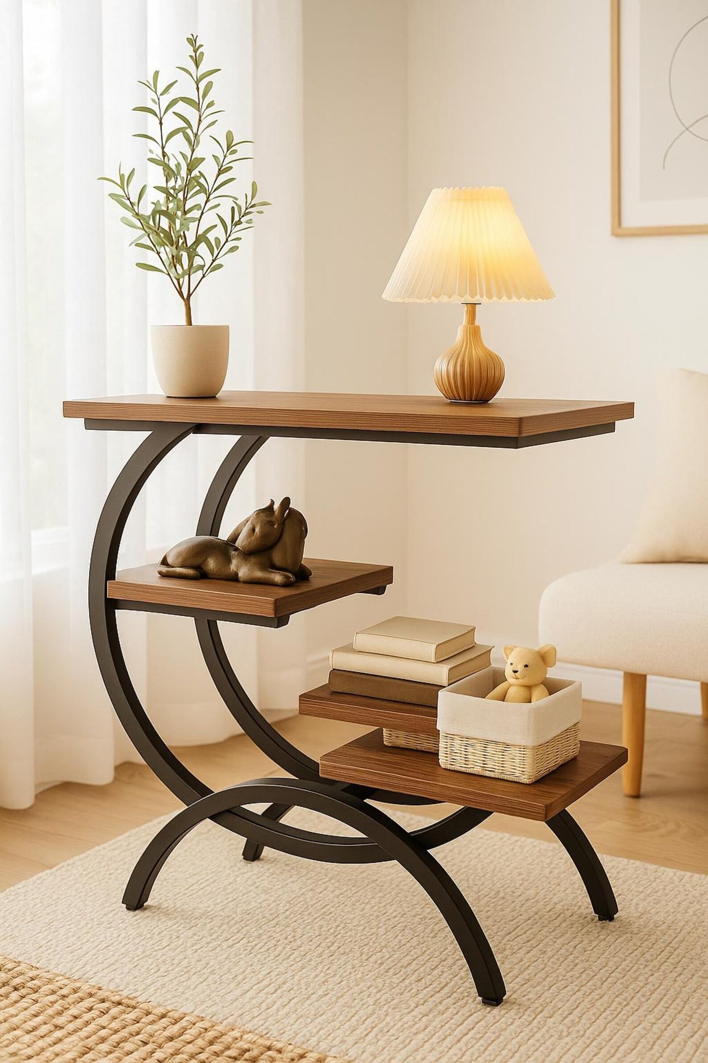 3-Tier Wood & Metal Side Table with Storage Shelf