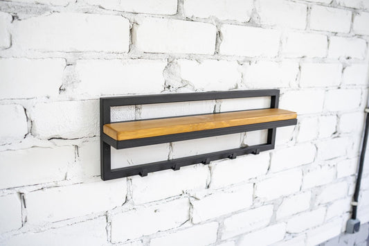 Entryway Shelf with Hooks, Industrial Hallway Storage