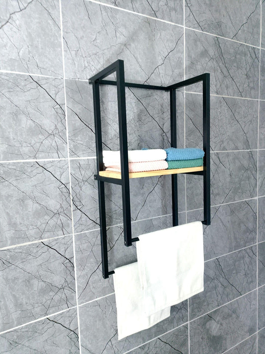 Towel Holder with Wooden Shelf and Drying Bar