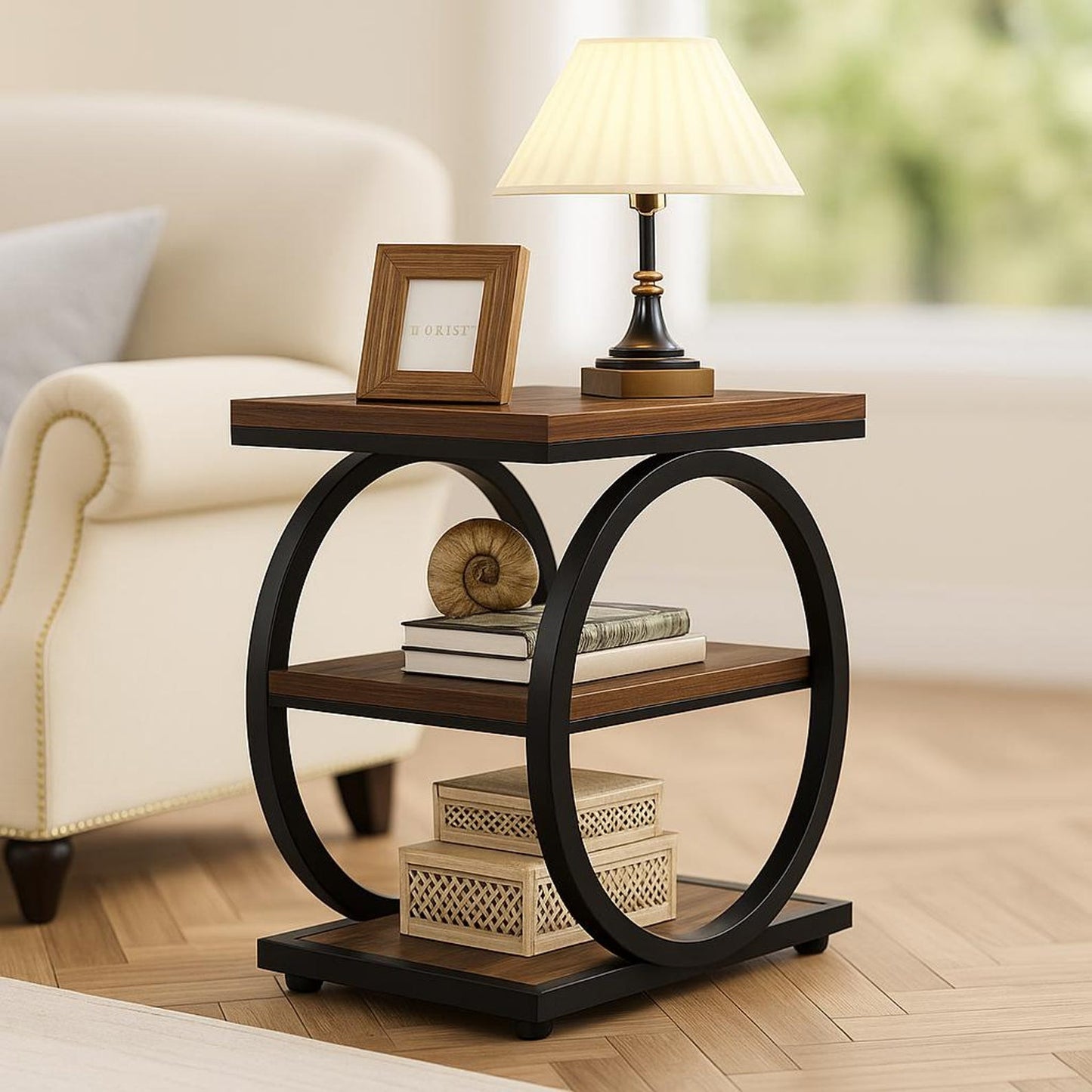 Modern Industrial Side Table, 3-Tier Wooden End Table