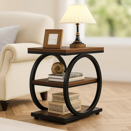 Modern Industrial Side Table, 3-Tier Wooden End Table