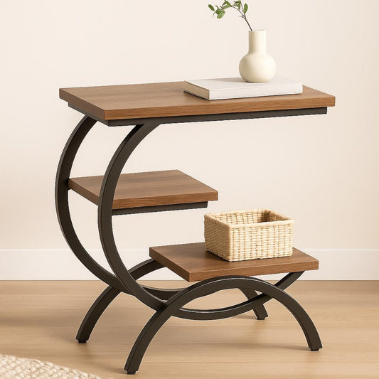 3-Tier Wood & Metal Side Table with Storage Shelf