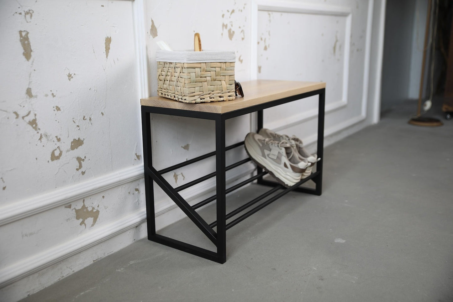 Wood and Metal Shoe Bench- Entryway Shoe Rack with Seat