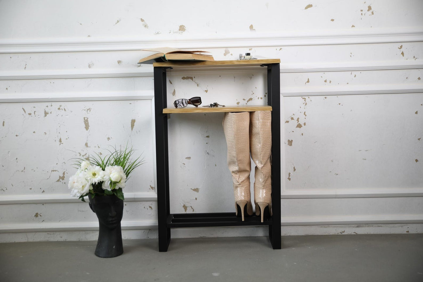 Metal console with shelf