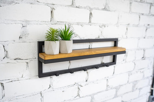 Entryway Shelf with Hooks, Industrial Hallway Storage
