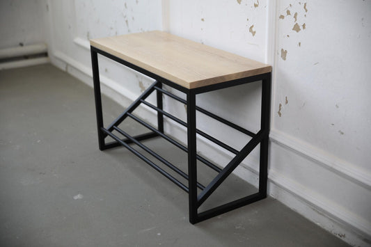 Wood and Metal Shoe Bench- Entryway Shoe Rack with Seat