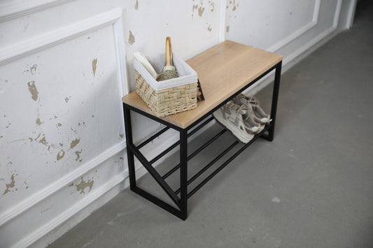 Wood and Metal Shoe Bench- Entryway Shoe Rack with Seat
