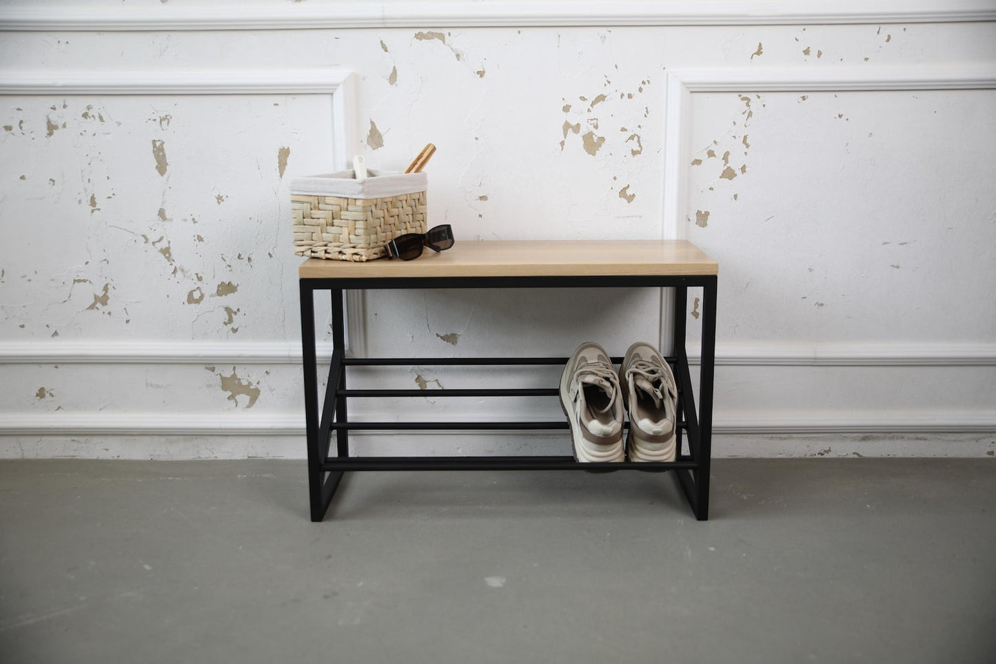 Wood and Metal Shoe Bench- Entryway Shoe Rack with Seat