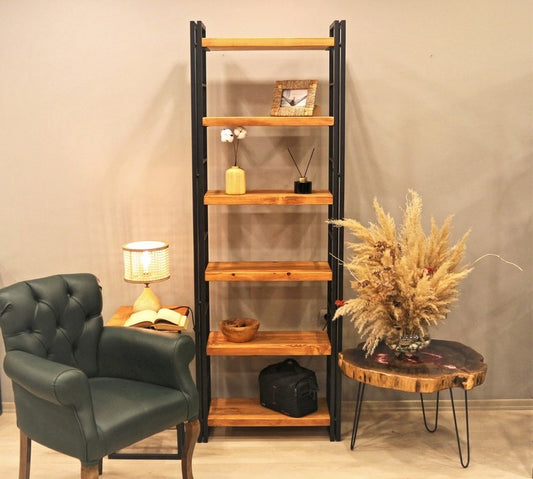 Solid Wood Bookcase with Metal Racks