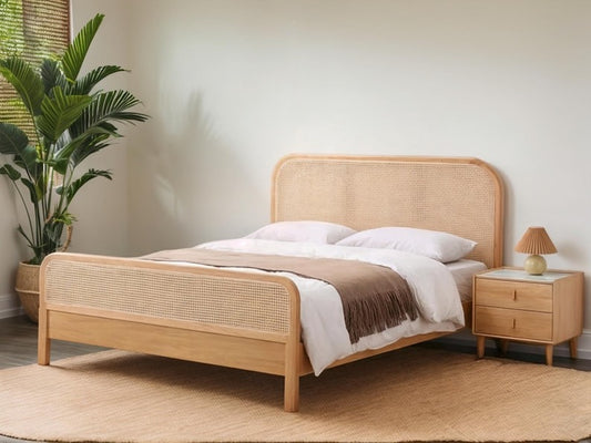Oak Bed with Rattan Headboard and Footboard Wooden Bed Frame, Boho Style Bed, Natural Rattan Accent Bed for Bedroom