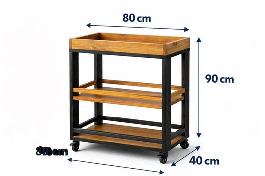 3-Tier Wooden Rolling Serving Cart with Storage Shelves