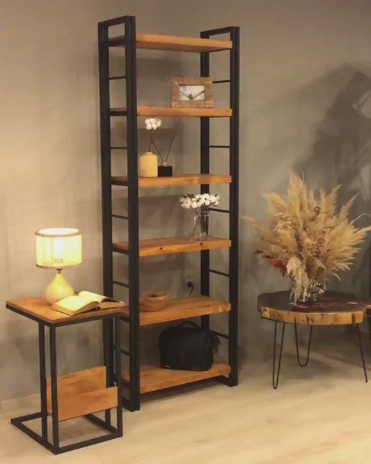 Solid Wood Bookcase with Metal Racks