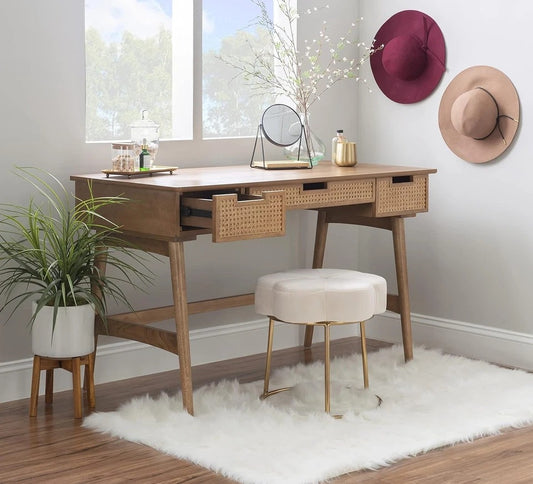 Boho Solid Sheesham Wood Writing Desk with Cane Drawers | Modern Home Office Computer Table | 3-Drawer Study Desk