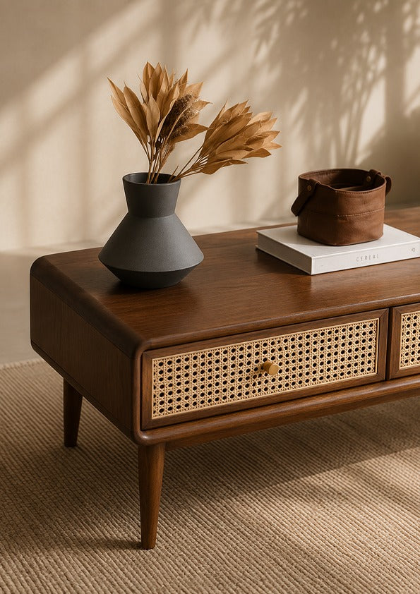 Solid Sheesham Wood Rattan Console Table | Modern Cane Entryway & Hallway Table
