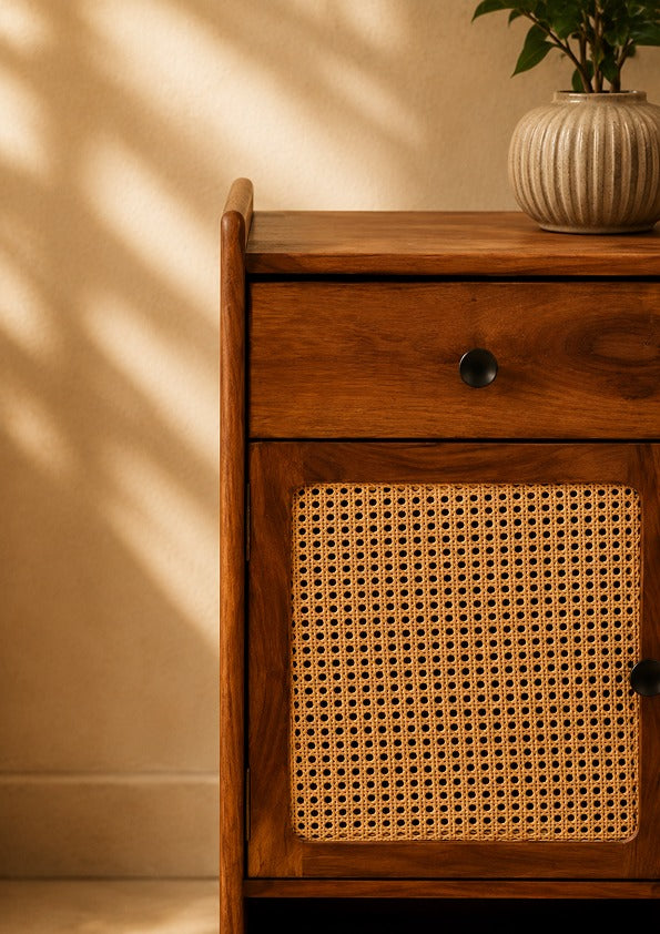Rattan Wooden Rack | Solid Sheesham Wood & Natural Cane Storage Shelf