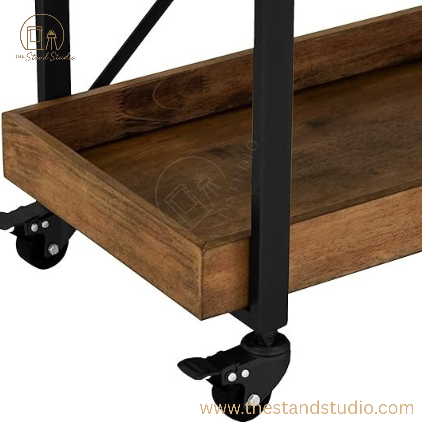 Adore Decor Riley Modern Rustic Rolling Bar Cart with Wheels | Sheesham Wood & Metal Kitchen Organizer Utility Trolley