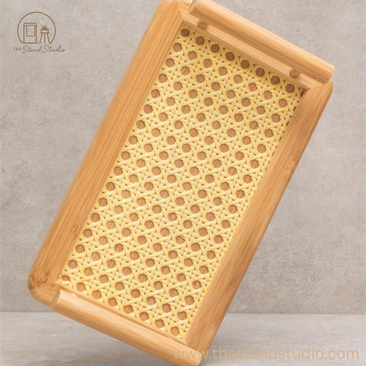 Rectangular Bamboo Serving Tray with Straw Handles | Rustic Eco-Friendly Home Décor