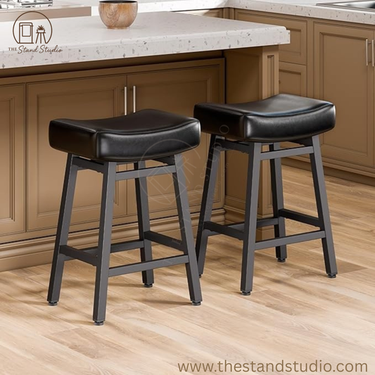 Counter Height Bar, 24 Inch Backless Bar Stools for Kitchen Island Leather Saddle Bar Chairs Kitchen Stools with 4" Thick Seats & Heavy Duty Metal Base, Black