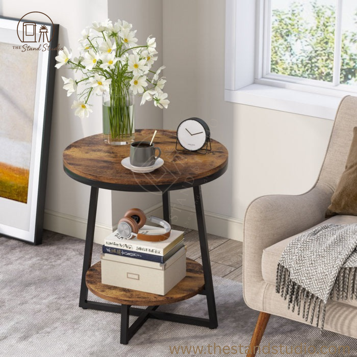 Industrial End Table, Solid Sheesham Wood Side Table, Minimalist Wooden Side Table