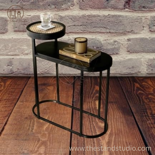 Charcoal Rattan Cane 2 Tier Side Table