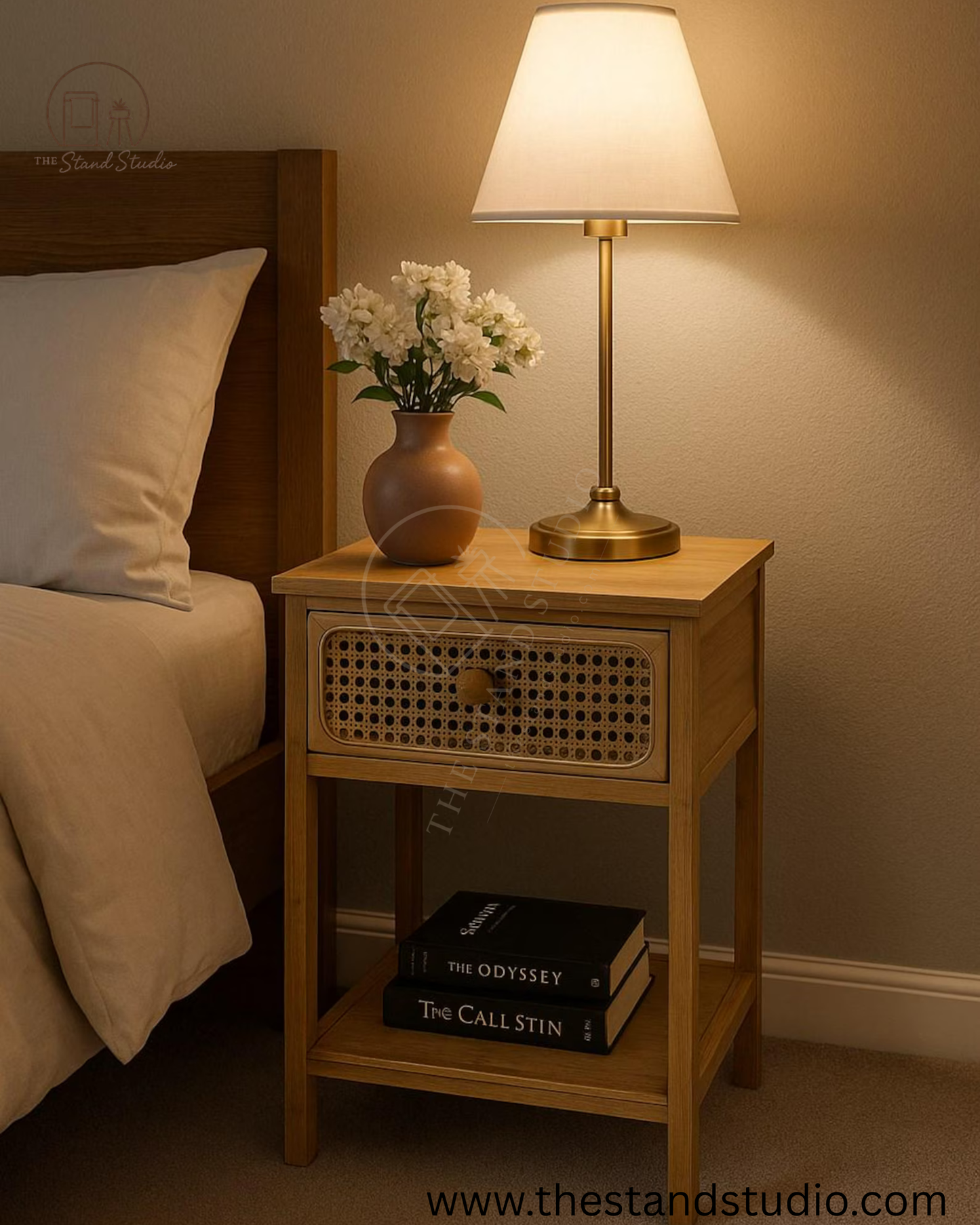 Rattan Bamboo Nightstand with Drawer