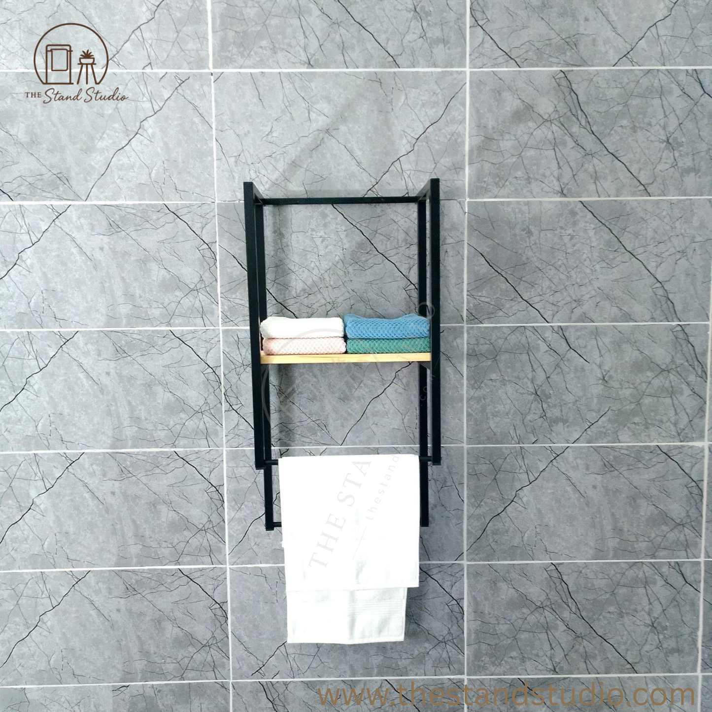 Towel Holder with Wooden Shelf and Drying Bar