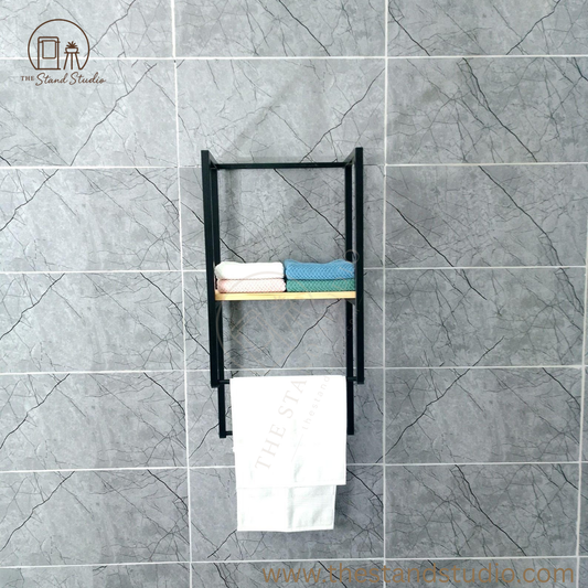 Towel Holder with Wooden Shelf and Drying Bar