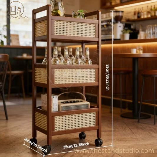 3-Tier Rolling Storage Cart with Wheels, Wooden Rattan Organizer with Double Handles