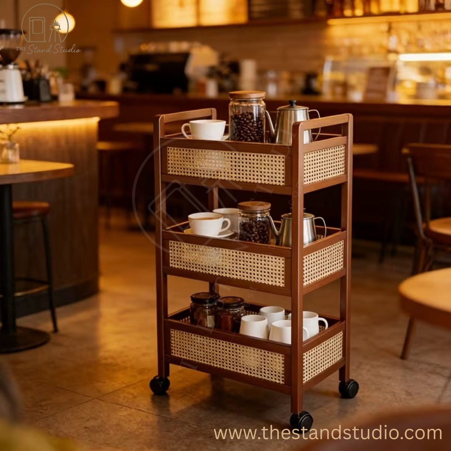 3-Tier Rolling Storage Cart with Wheels, Wooden Rattan Organizer with Double Handles