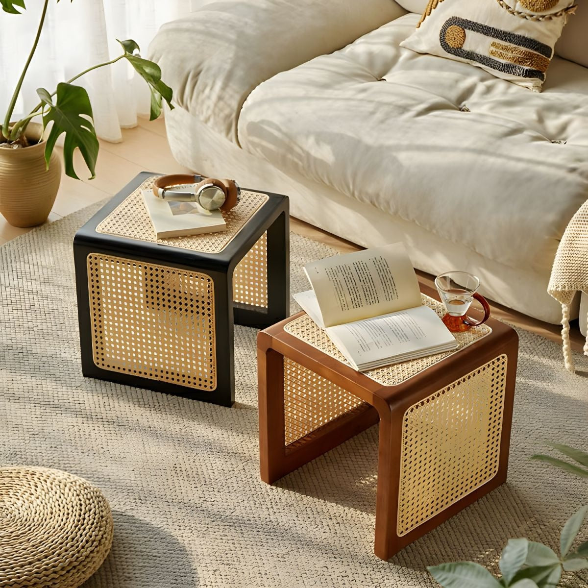 Modern C-Shape Wood End Table with Rattan Top