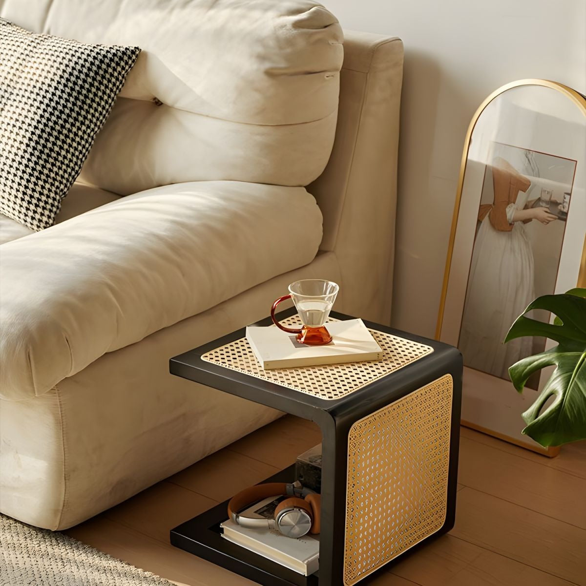 Modern C-Shape Wood End Table with Rattan Top