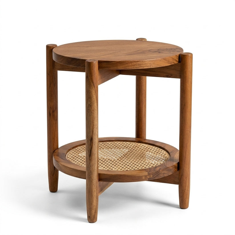 Solid Sheesham Wood Rattan Round Side Table | Modern Cane End Table for Living Room