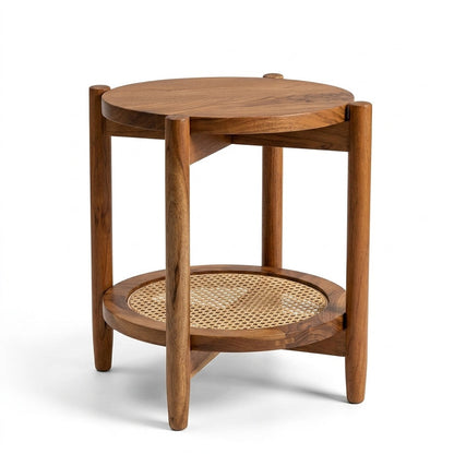 Solid Sheesham Wood Rattan Round Side Table | Modern Cane End Table for Living Room