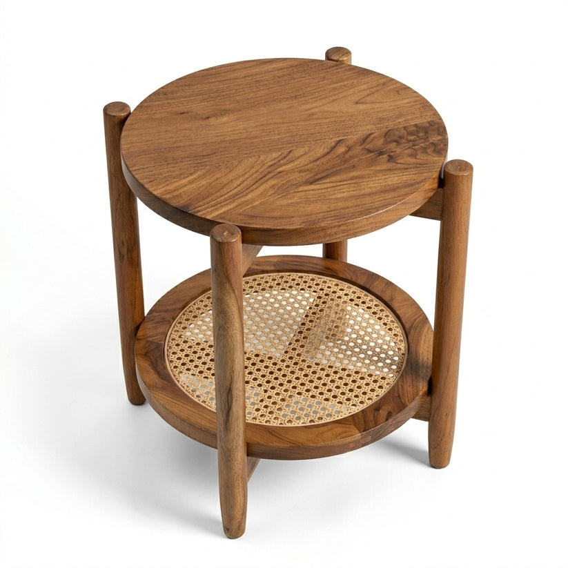 Solid Sheesham Wood Rattan Round Side Table | Modern Cane End Table for Living Room