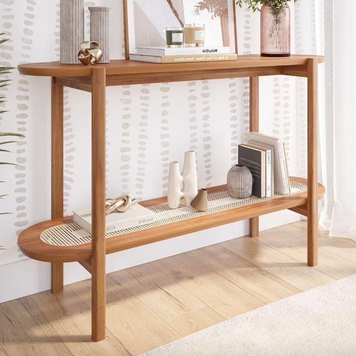 Solid Sheesham Wood Rattan Console Table | Cane Entryway & Hallway Table with Storage