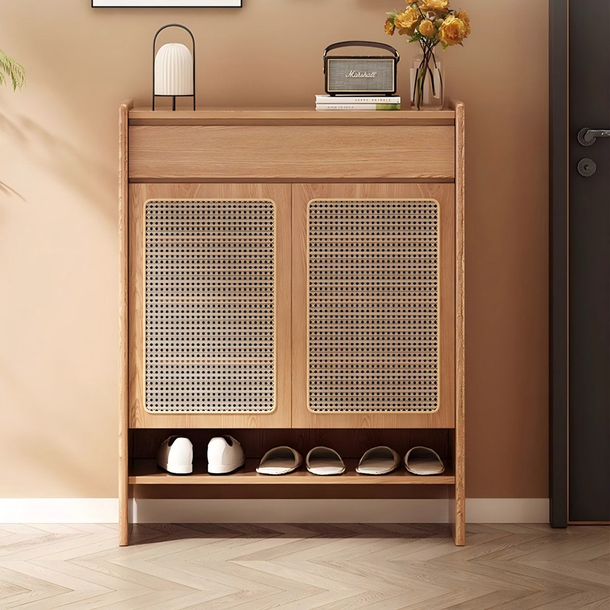 Natural Finish Solid Sheesham Wood Shoe Storage Cabinet | Modern Wooden Shoe Rack Organizer