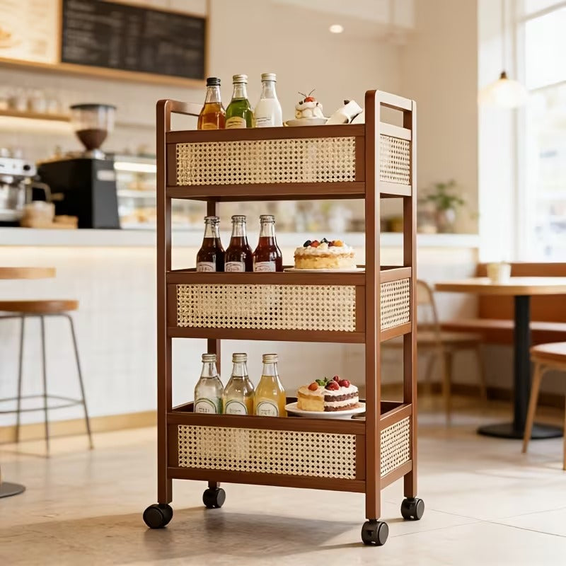 3-Tier Rolling Storage Cart with Wheels, Wooden Rattan Organizer with Double Handles