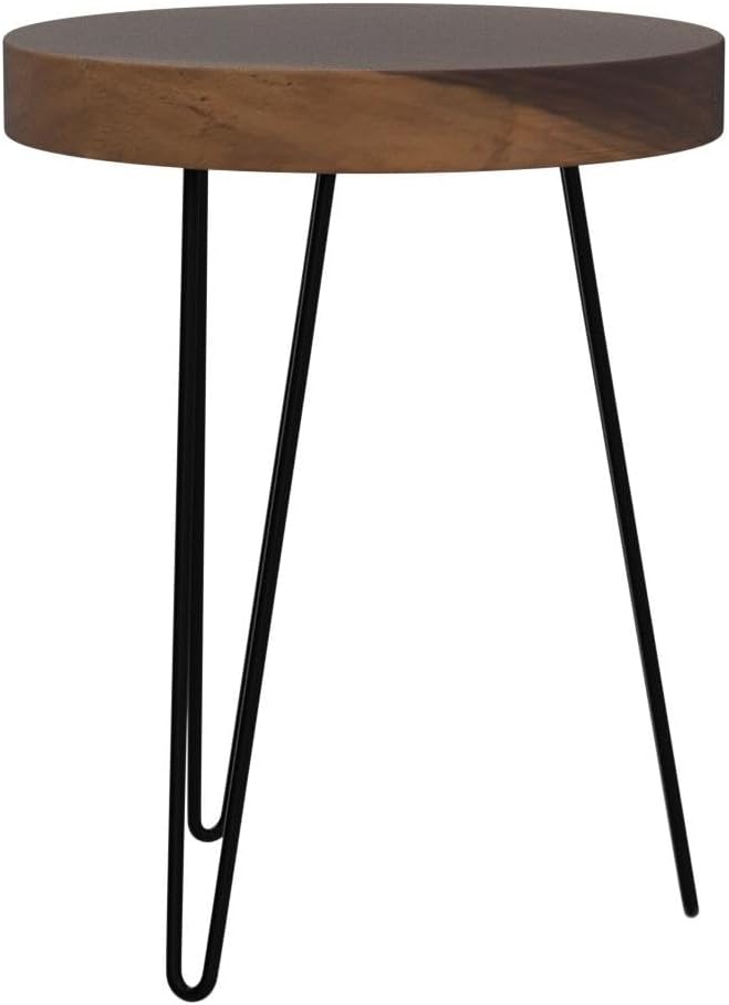 Solid Wood Side Table with 3 Metal Hairpin Legs for Bedroom, Round End Table Next to Living Room Sofa