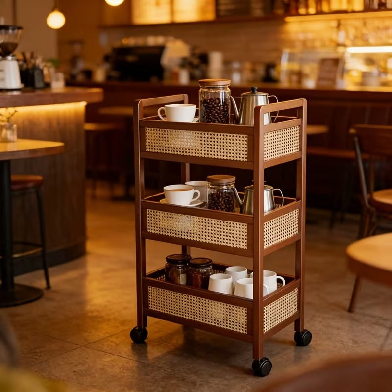 3-Tier Rolling Storage Cart with Wheels, Wooden Rattan Organizer with Double Handles