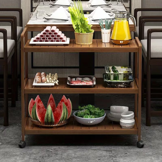 3-Tier Wooden Rolling Serving Cart with Storage Shelves
