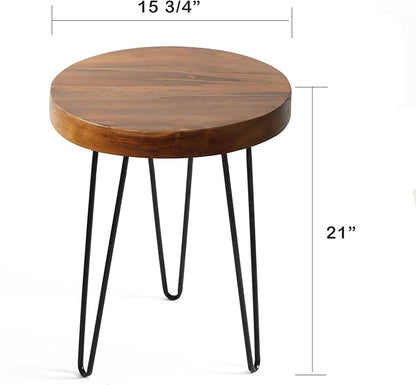 Solid Wood Side Table with 3 Metal Hairpin Legs for Bedroom, Round End Table Next to Living Room Sofa