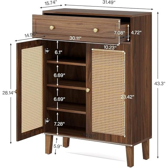 Furniture Modern Rattan Shoe Cabinet with Drawer – Walnut Brown Wooden Storage Cabinet with Cane Woven Doors Entryway Organizer for Shoes