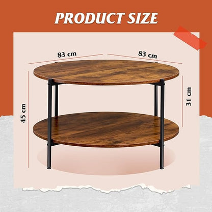 Round Coffee Table with 2 Levels, Living Room Table, Wood, Stub Table with Metal Frame