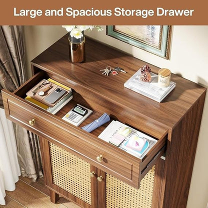 Furniture Modern Rattan Shoe Cabinet with Drawer – Walnut Brown Wooden Storage Cabinet with Cane Woven Doors Entryway Organizer for Shoes
