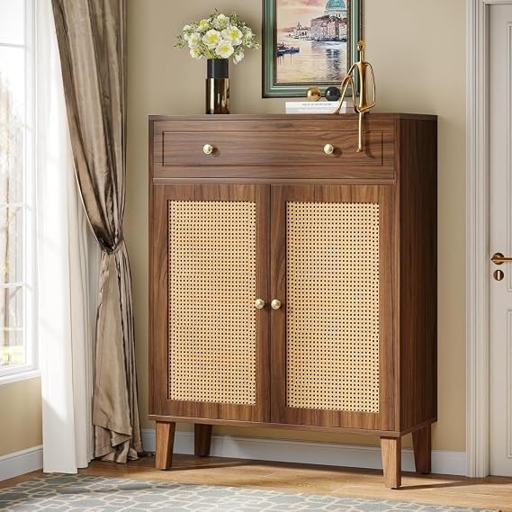 Furniture Modern Rattan Shoe Cabinet with Drawer – Walnut Brown Wooden Storage Cabinet with Cane Woven Doors Entryway Organizer for Shoes