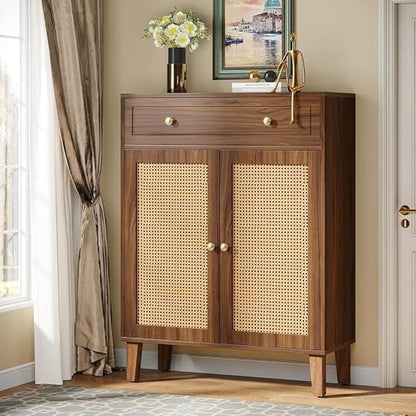 Furniture Modern Rattan Shoe Cabinet with Drawer – Walnut Brown Wooden Storage Cabinet with Cane Woven Doors Entryway Organizer for Shoes