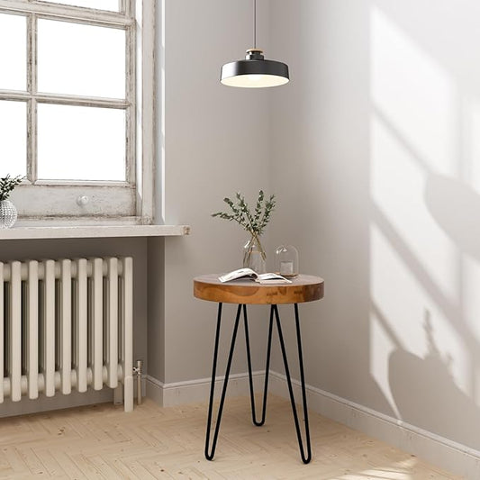 Solid Wood Side Table with 3 Metal Hairpin Legs for Bedroom, Round End Table Next to Living Room Sofa