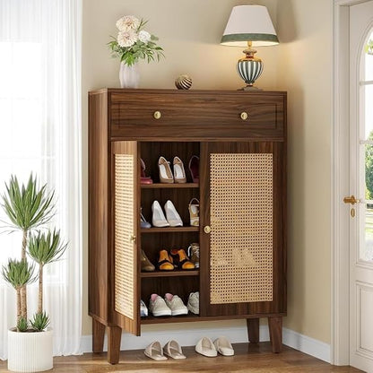 Furniture Modern Rattan Shoe Cabinet with Drawer – Walnut Brown Wooden Storage Cabinet with Cane Woven Doors Entryway Organizer for Shoes