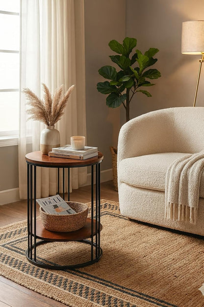 Metal Round Coffee Table with Extra Shelf for Living Room & Bedroom