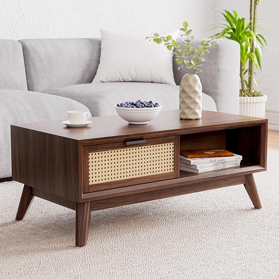 Modern Solid Wood Coffee Table with Storage, Accent Rattan Design
